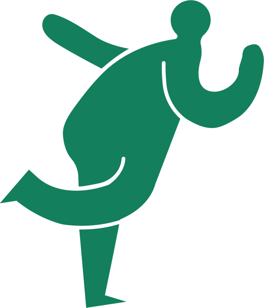An animation and stylized illustration of a person from the side view. They are balanced on their left leg while their right leg is kicked back and their arms are outstretched. This image represents a dancing movement. 